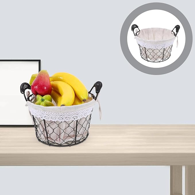 Wire Storage Basket with Fabric Liner and Handle round Iron Wire Fruit and Egg Basket for Kitchen and Table Organization for Home Storage