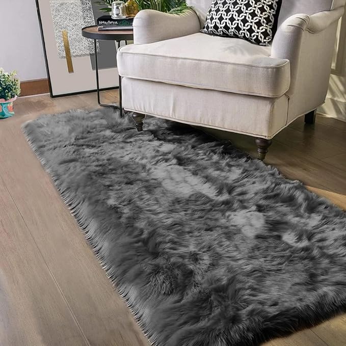 Latepis Dark Grey Runner Rugs 2x6 Faux Sheepskin Fur Rug Bedside Super Soft Fluffy Rugs for Bedroom and Living Room Fuzzy Shaggy Rug Luxury Home Decor
