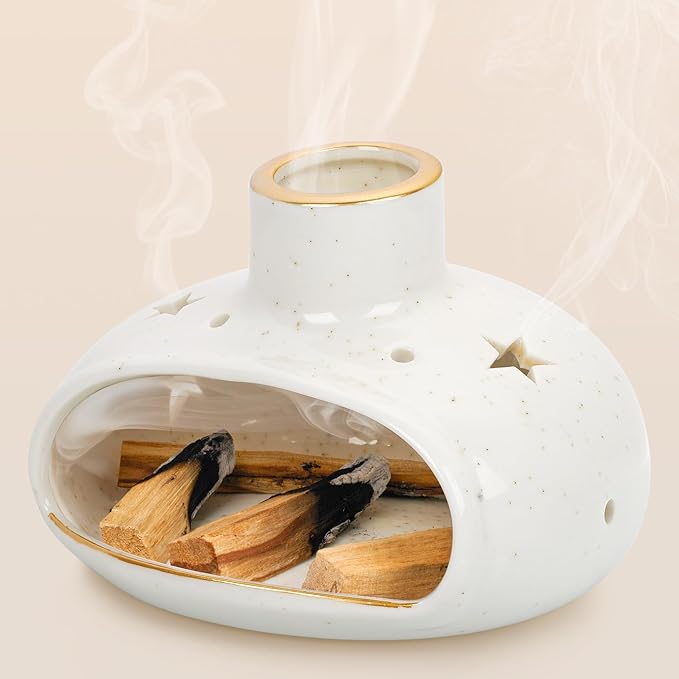 ZenBless 3 in 1 Incense Holder for Palo Santo Sticks Sage Incense, Handcrafted Ceramic Incense Burner Holder Ash Catcher with Chimney, Smudge Bowl for Yoga Meditation Room Home Decor