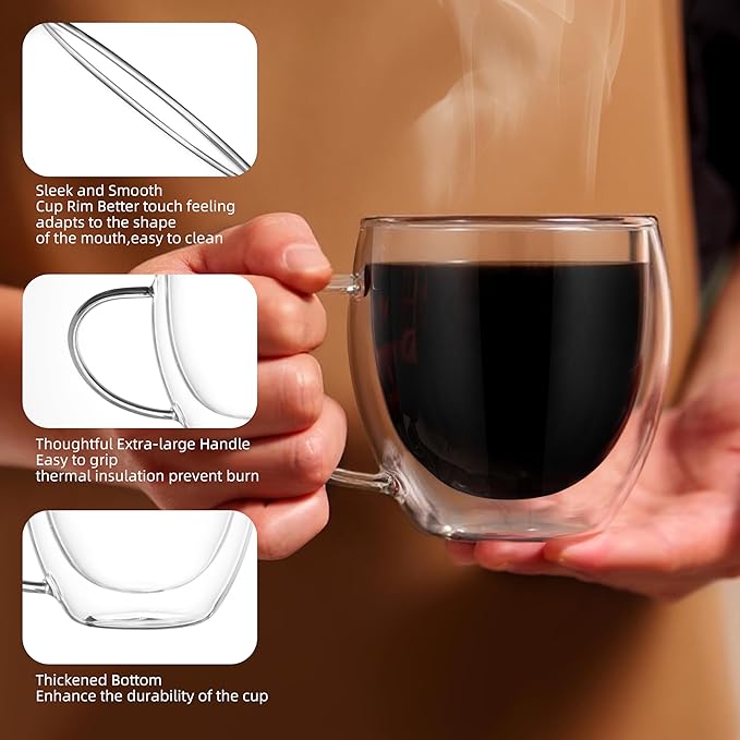 CNGLASS Double Walled Glass Coffee Mugs with Handle,12oz Insulated Glass Mugs with Handle,Clear Espresso Cups for Latte,Cappuccino,Tea Bag,Set of 2