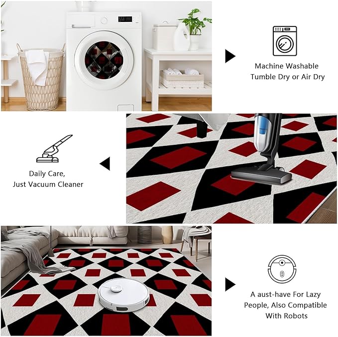 Plaid Rug 8x10, Vintage Geometric Soft Ultra Soft Faux Wool Low Pile Rug, Indoor Floor Mats Carpet, Non-Slip Stain Resistant Washable Rugs, Modern Red Rugs for Living Room Home Office Decor