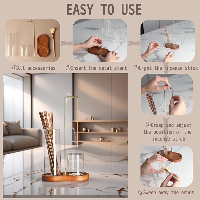 2 in 1 Incense Holder for Sticks with Glass Ash Catcher, Anti-ash Incense Burner for Yoga Meditation Spa Room Decor, Includes Ash Brush