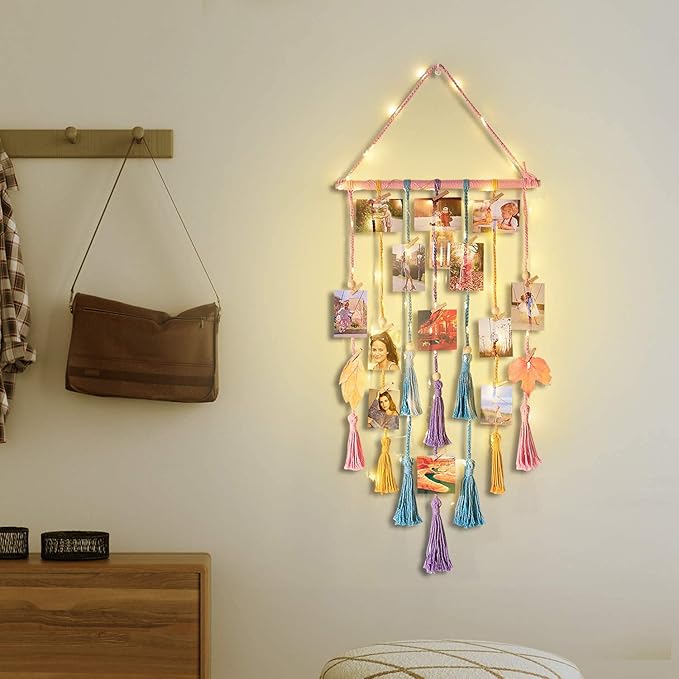 Homecor Room Decor for Teen Girls, Hanging Photo Display Macrame Picture Collage Wall Decor, Boho Decor for Bedroom Apartment Dorm Room with Remote Light, Christmas Birthday Gifts for Teenage Girls