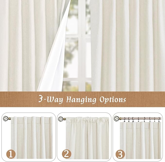 LAMIT Natural 100% Blackout Linen Curtains, 78 Inches Linen Textured Thermal Bedroom Curtains Back Tab and Rod Pocket Neutral Panels with White Liner for Farmhouse, 2 Panels, 52 x 78 Inch, Ivory
