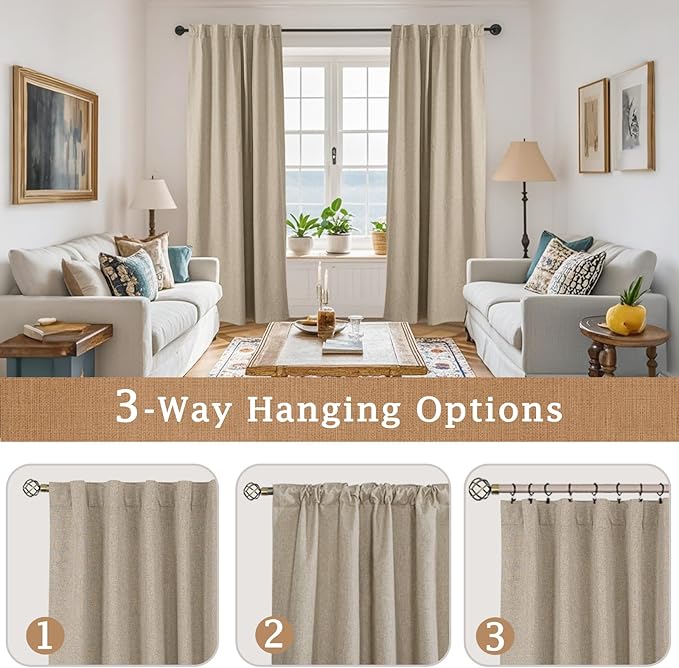 LAMIT 100% Blackout Natural Linen Curtains, 68 Inches Linen Textured Thermal Bedroom Curtains Back Tab and Rod Pocket Neutral Panels with White Liner for Farmhouse, 2 Panels, 52 x 68 Inch, Taupe