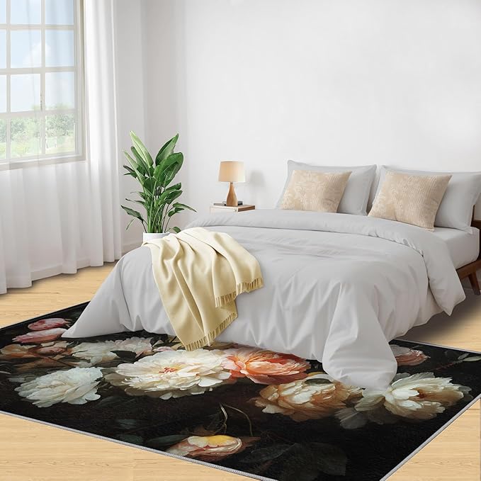 Flowers 4x5 Area Rugs for Living Room Peony Washable Rug Rustic Flowers Rug Non Slip Low Pile Soft Area Rugs for Bedroom Bedside Dining Room Kids