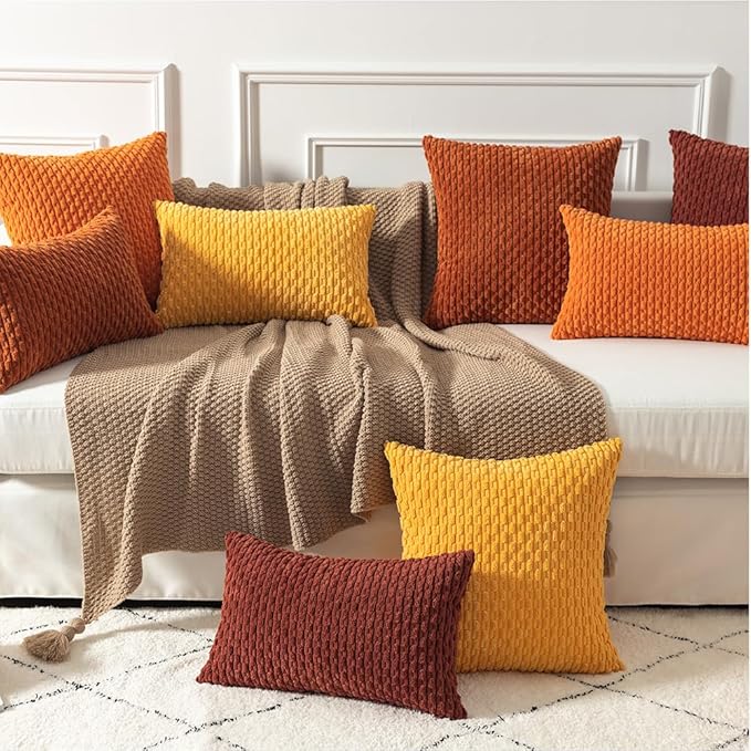 Kevin Textile Fall Pack of 2 Corduroy Decorative Throw Pillow Covers 22x22 Inch Soft Boho Striped Pillow Covers Modern Farmhouse Home Decor for Spring Sofa Living Room Couch Bed Burnt Brick