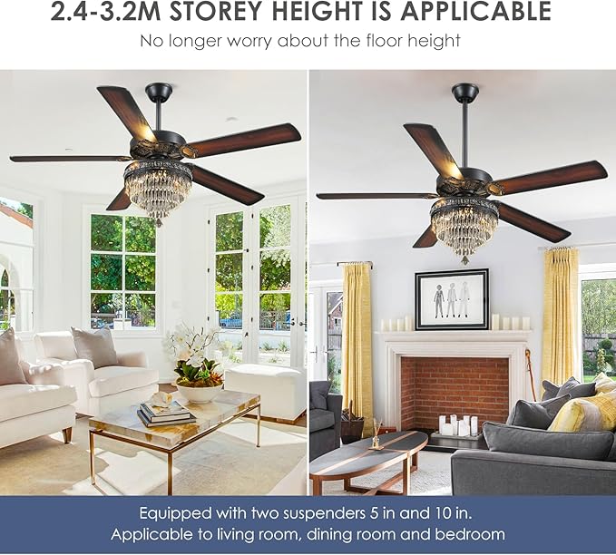 Asyko Crystal Ceiling Fan Fandelier with Lights - Modern Outdoor Fans with Remote Control,Noiseless DC Motor, Retro/Farmhouse Lighting, Dining Room, Living Room (62")