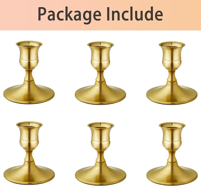 Vintage Brass Gold Taper Candle Holders, Set of 6, Metal Taper Candlestick Holder for Dinner Room Table Centerpiece, Wedding Reception, Festive,Mantel Decoration, Home Decor (Brass Gold, Set of 6)