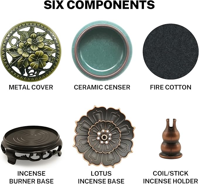 Ceramic Incense Burner with Lotus Incense Holder, Multi-Functional Incense Burner Holder for Incense Sticks, Coil Incense and Cones, Perfect Home Decor (Blue)