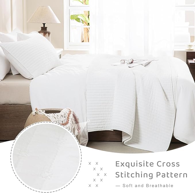 Sanracie Cotton Queen Quilt Bedding Set(90"x98") ,Ultra Soft Stonewashed Milk White Bedspread Coverlet Cross Stitch Pattern Lightweight Crinkle Quilted Bedspread Set 3Pcs for All Season