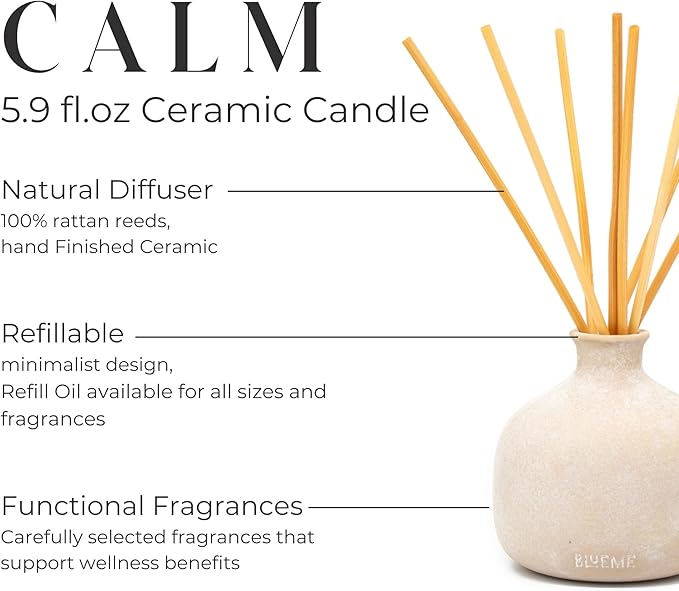 BLUEME Calm-Osmanthus & Sandalwood, 5.92 Fl Oz Wellness Diffuser, Contains Essential Oil, Sustainable, Hand Finished, Premium, Luxury Ceramic, Natural Rattan Reeds