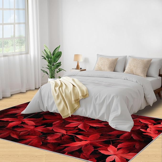 Maple Leaves Living Room Rugs, Red Leaves Area Rugs 6x8 Rug Canada Maple Leaf Non-Slip Washable Rugs Stain Resistant Rug Low-Pile Throw Rug for Bedroom Dining Room Office