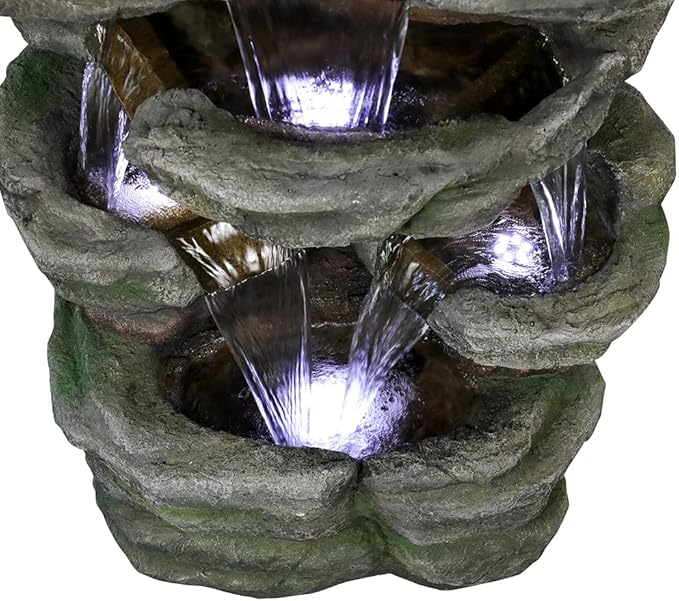 SunJet 47.2" High Cascading Rock Outdoor Water Fountain with LED Lights - Large Outdoor Resin Fountains and Waterfalls for Garden or Patio, Yard, and Deck Decor, Featuring Natural Stone Look