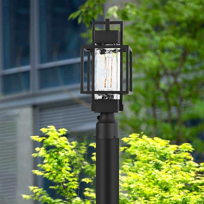 18" H Dusk to Dawn Outdoor Post Light Fixture Hardwired 120V, Waterproof Aluminum Pole Light with Pier Mount Base, Matte Black Exterior Lamp Post Lantern with Water Glass for Garden Yard Patio Path
