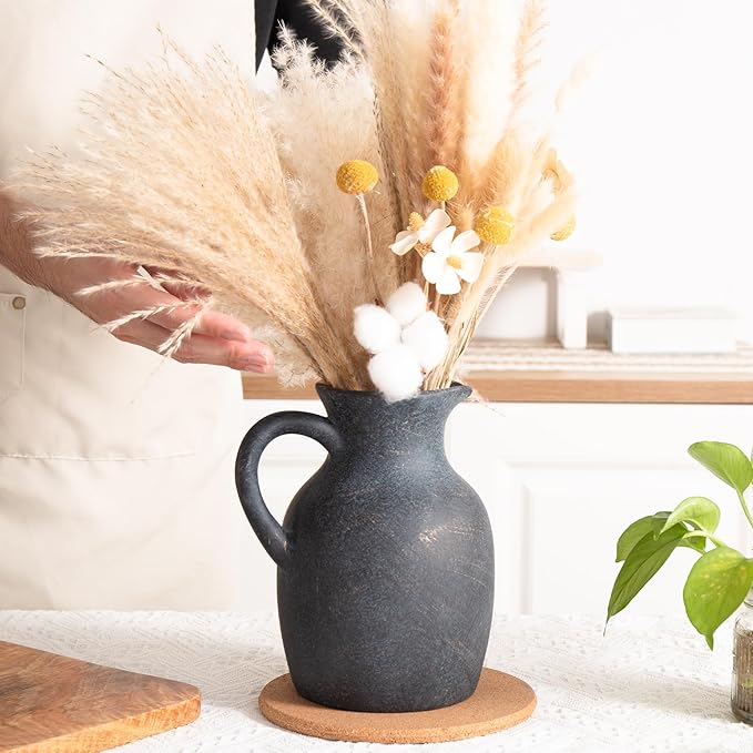 Ceramic Rustic Vase with Handle, Decorative Jug Pitcher, Terracotta Stone Vase for Decor Living Room, Vintage Home Decor, Black