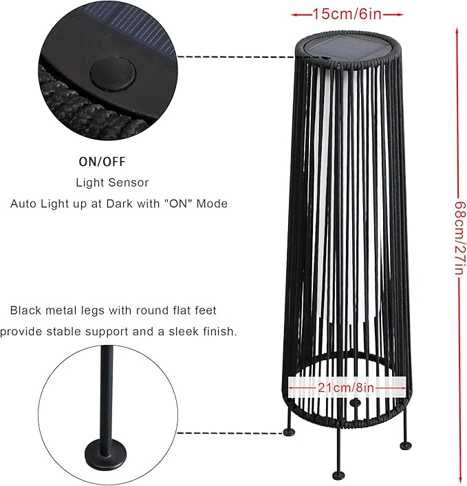 TRIROCKS Outdoor Floor Lamp 2 Piece Solar Powered Lantern Wicker Solar Patio Lamp with Olifen Rope Waterproof Rattan Outside Solar Deck Light for Patio Garden Lawn Yard (Black)
