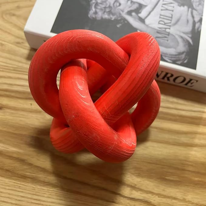 Wood Knot Decor -Coffee Table Decor Shelf Decor Table Books Hand Carved Home Decoration Boho Country Rustic Modern Shabby Chic Style Decor 3 Link Wooden Knot Chain Link Decor (Wine Red)