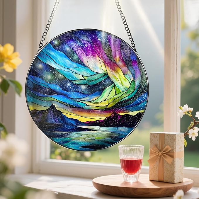 Stained Glass Window Hanging - 8 Inch Aurora Borealis Suncatcher for Window Doors Home Decoration, Valentine's Day Mother's Day Christmas Birthday Gifts for Women, Men, and Mom Grandma