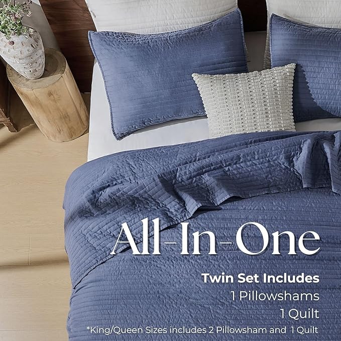DOWN HOME Cali King Quilt Bedding Set with Shams, Vintage Washed Quilted Blanket Thin Comforter Lightweight Bedspread Coverlet Bed Cover, Brushed Microfiber Stripe Stitching, Vintage Denim, 111"x92"