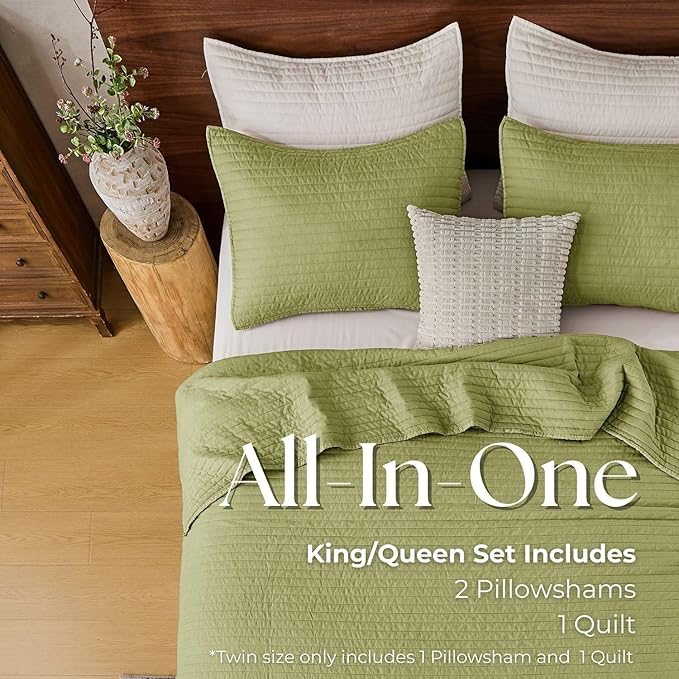 DOWN HOME Twin Quilt Bedding Set with Sham, Vintage Washed Soft Quilted Blanket Thin Comforter Lightweight Bedspread Coverlet Bed Cover, Brushed Microfiber Stripe Stitching, Golden Olive, 66"x92"