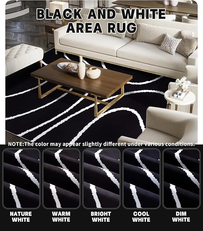 YIHOUSE Black Modern Area Rug 6x9,Abstract Rugs for Bedroom,Black and White Geometric Rug,Minimalist Wave Rug,Dark Washable Area Rugs 6x9 Non Slip Rugs for Living Room,Office