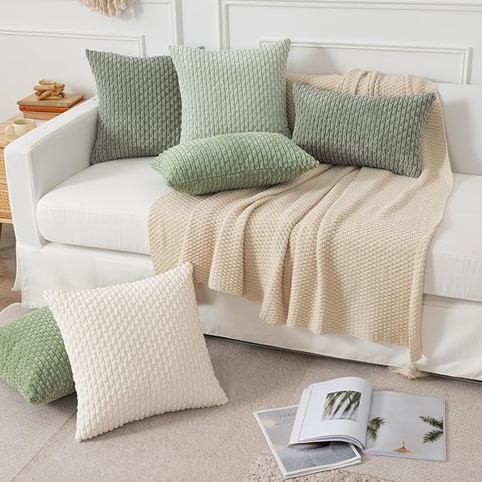 Kevin Textile Throw Pillow Covers Soft Corduroy Decorative Set of 2 Boho Striped Pillow Covers Pillowcases Farmhouse Home Decor for Couch Bed Sofa Living Room 26x26 Inch Greyish Green