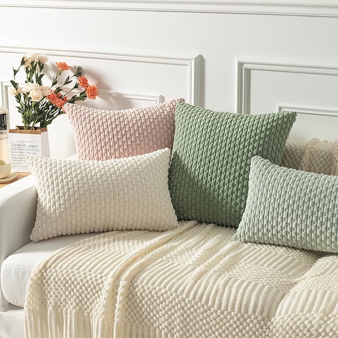 Kevin Textile 2 Packs Light Green Decorative Throw Pillow Covers 18x18 Inch for Living Room Couch Bed Spring Sofa Soft Striped Corduroy Square Cushion Case 45x45 cm Rustic Farmhouse Boho Home Decor