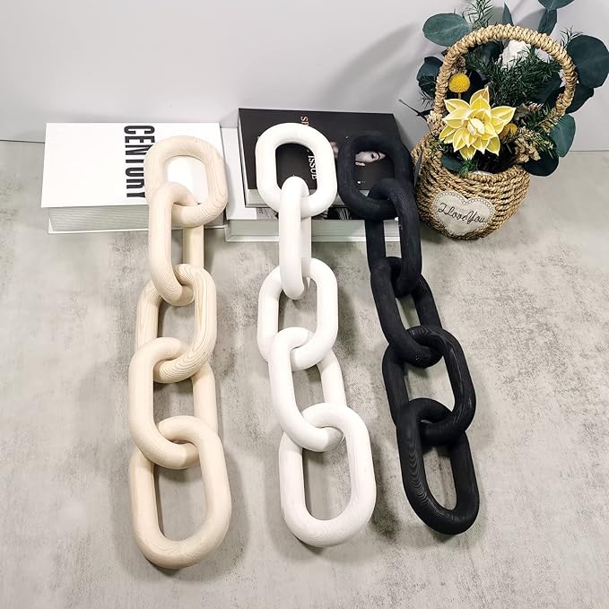 Wood Chain Link Decor, Shelf Decor Accents 5 Link Chain Boho Pine Wood Carved Modern Home Decor,for Farmhouse Living Room Bedroom Bookshelf Porch Coffee Table Decor (White)