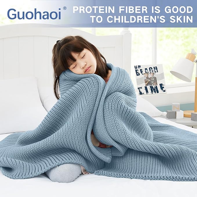 Guohaoi Knitted Weighted Blanket for Adults (Haze Blue 48"x72" 12lbs) No Beads Cooling Throw Blanket for Hot Sleepers, Home Decor Breathable Chunky Knit Heavy Blanket Use on Full Size Bed