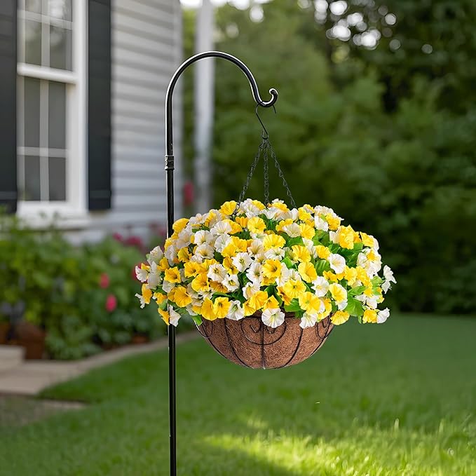 Artificial Hanging Flowers with Basket, Faux Silk Petunias Flower Arrangement, Coconut Lining with Morning Glories Fake Plants Patio Garden Porch Deck Fall Decor(Yellow and White)
