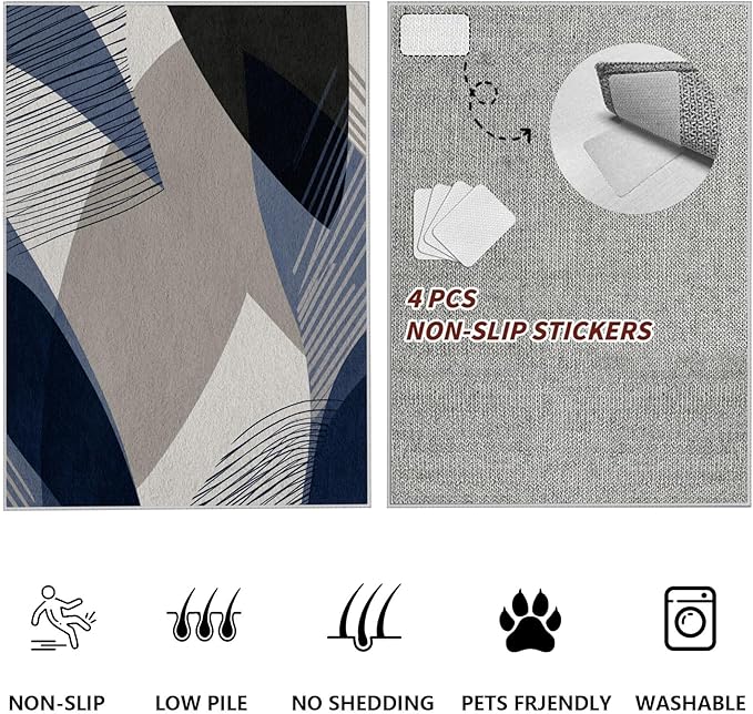 Abstract Art Line Living Room Area Rugs 4x6, Modern Boho Geometric Print Soft Rug, Minimalist Washable Non Slip Neutral Carpet for Bedroom, Dining Room Office Playroom, Navy Blue Gray