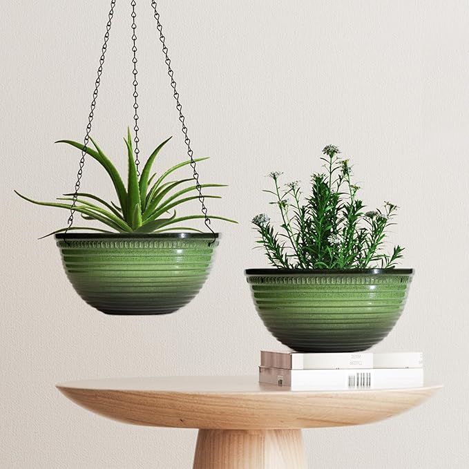 12 inch Hanging Planters for Indoor Outdoor Plants, 2 Pack Large Hanging Flower Pots with Drainage Holes and Chain, Glazed Hanging Baskets for Home Garden Decoration, Green