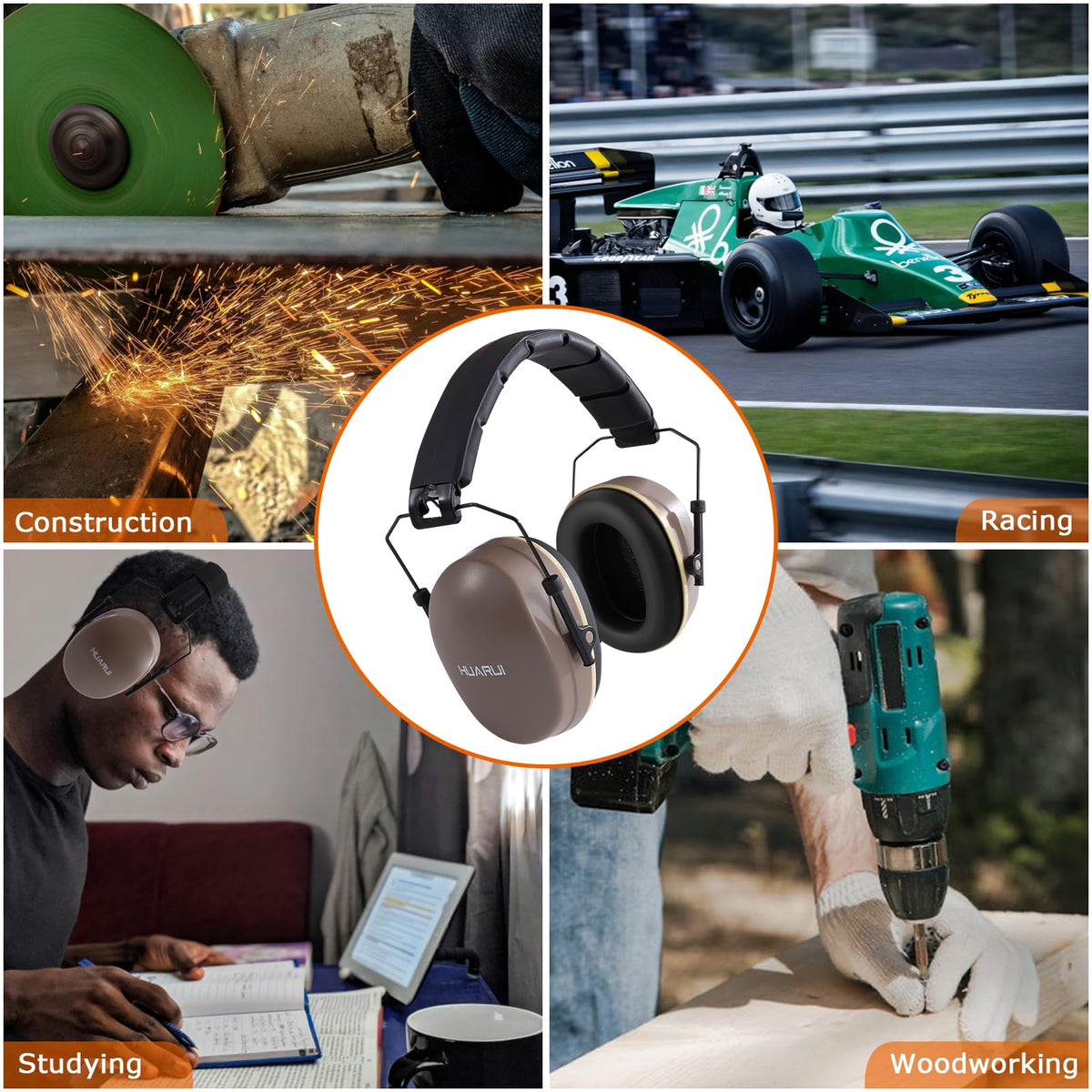HUARUI Hearing Protection Ear Muffs SNR 29dB Noise Cancelling Headphones for Adults Kids Autism,Safety Earmuffs for Hunting,Shooting, Mowing, Construction (YBrown)