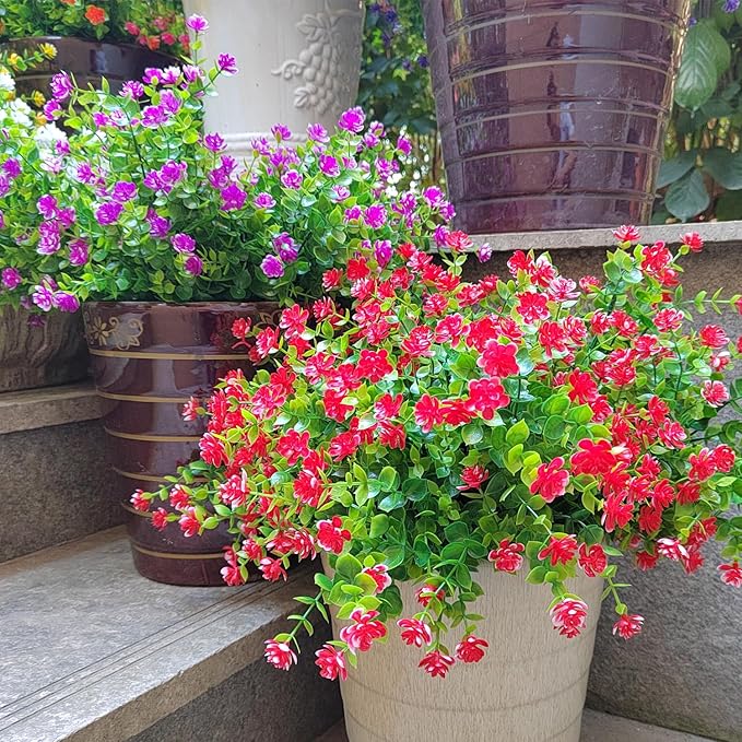 12 Bundles Artificial Flowers for Outdoors, UV Resistant Fake Flowers with Plastic Plants, Faux Flowers for Outside Window Box Front Porch Hanging Planter Decor (Red)