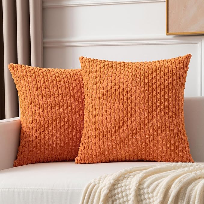 Kevin Textile Fall Pack of 2 Corduroy Decorative Throw Pillow Covers 18x18 Inch Soft Boho Striped Pillow Covers Modern Farmhouse Home Decor for Spring Sofa Living Room Couch Bed Orange