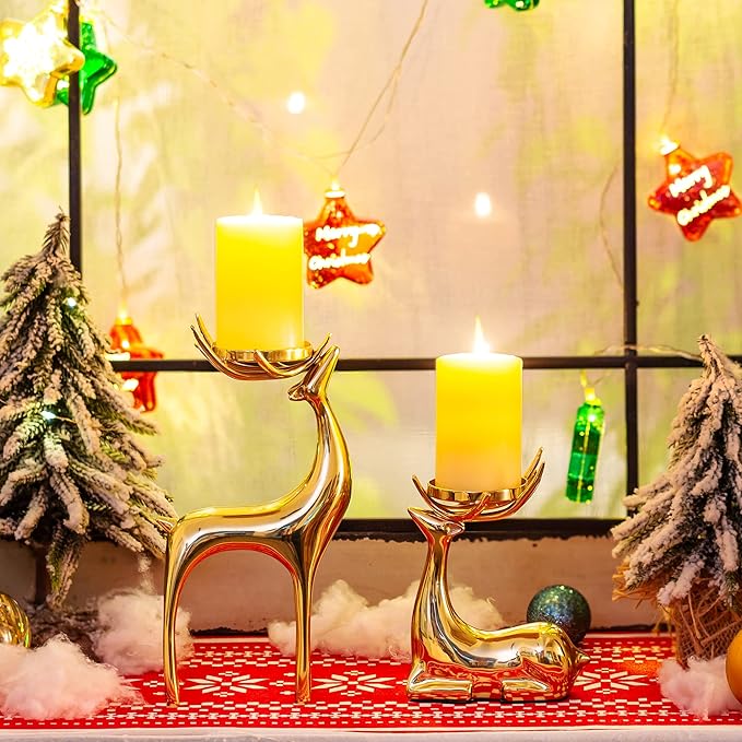 Sziqiqi Gold Reindeer Candle Holder for Pillar Candles Brass Reindeer Tealight Candle Holders Copper Deer Gift Christmas Decor for Table Centerpiece Living Room Mantle Decoration