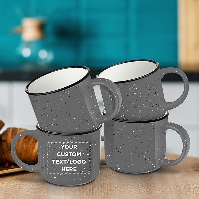 DISCOUNT PROMOS Custom Ceramic Campfire Coffee Mugs 13 oz. Set of 100, Personalized Bulk Pack - Perfect for Tea, Espresso, Cappuccino, Hot Cocoa - Grey