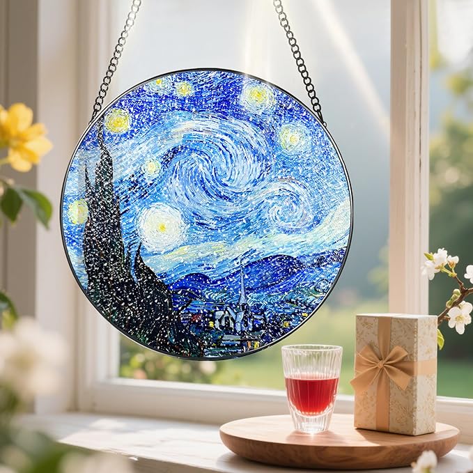 Stained Glass Window Hanging, Pauyadu Van Gogh Starry Night Sun Catchers, Stained Glass Suncatcher, Starry Night Decor Gifts for Her, Women, Art Lover, Friend - 8 Inch