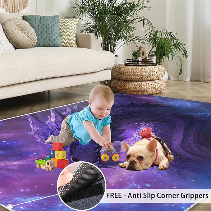 Dragon 4x6 Area Rug Starry Sky Washable Rugs for Living Room Bedroom, Fantasy Animals Soft Low Pile Non Slip Accent Floor Mat Print Throw Rug Indoor Carpet Dining Room Playroom