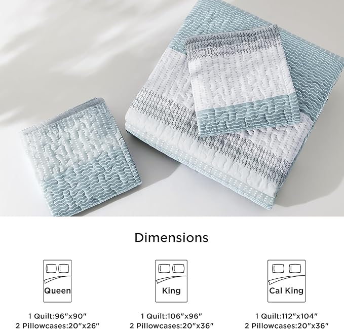 Litanika California King Quilt Set Spa Blue - Cal King Oversized Stripe Comforter Bedspreads & Coverlets - Soft Lightweight Quilted Bedding Set for All Season(1 Quilt, 2 Pillowcases)