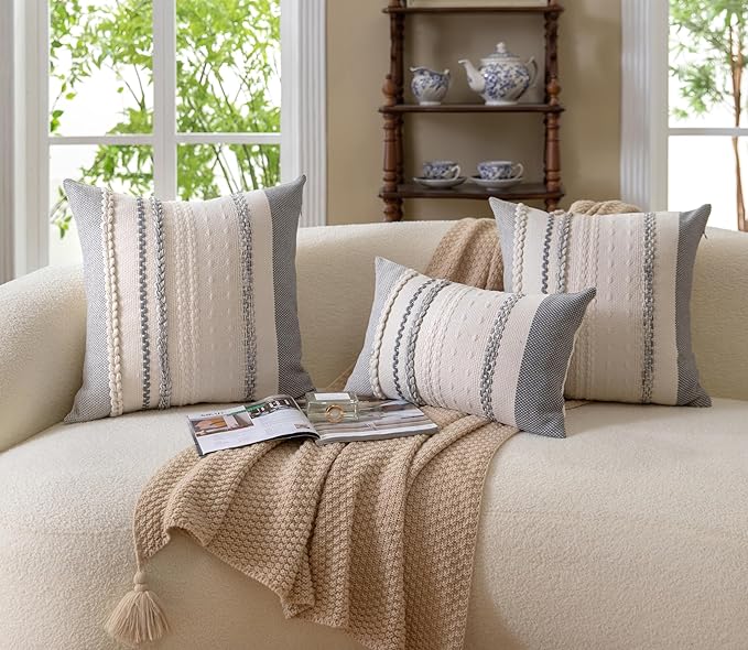 Boho Throw Pillow Covers 20x20 Inch Set of 2, Grey Textured Decorative Couch Pillow Cases for Farmhouse Home Decor, Accent Cushion Cover for Sofa, Bed, Living Room, Bedroom