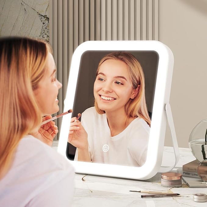 ROLOVE 8x10 Inch Lighted Vanity Mirror, 3-Color Dimmable LED Lighting & Touch Control, Portable Makeup Mirror with U-Bracket for Travel/Dressing Room (White)