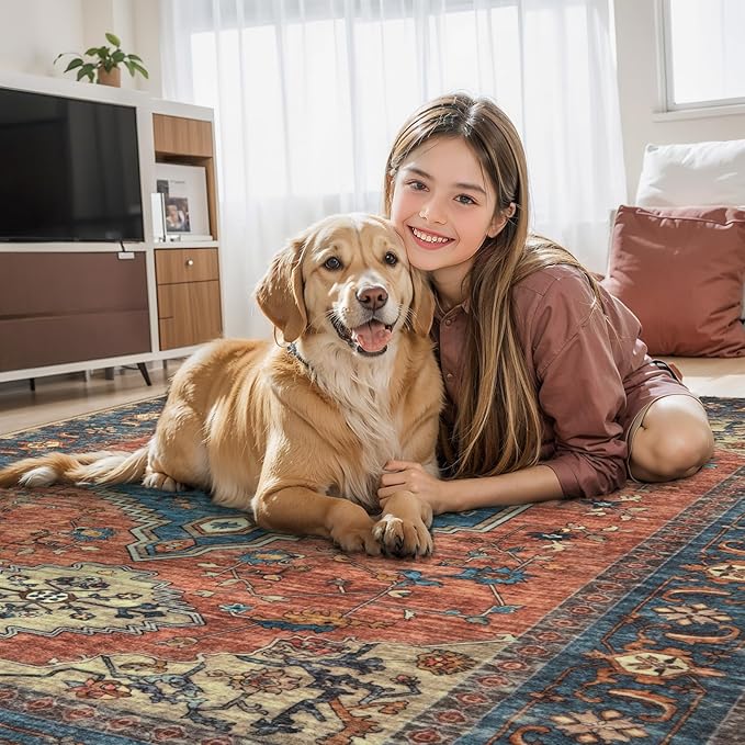 Tangsoo 2.6x10 Washable Runner Rug for Hallways, Non Slip Vintage Runner Rug, Soft Low Pile Long Rug Runner, Print Distressed Carpet Runners for Kitchen Bedroom Entryway Living Room Terracotta