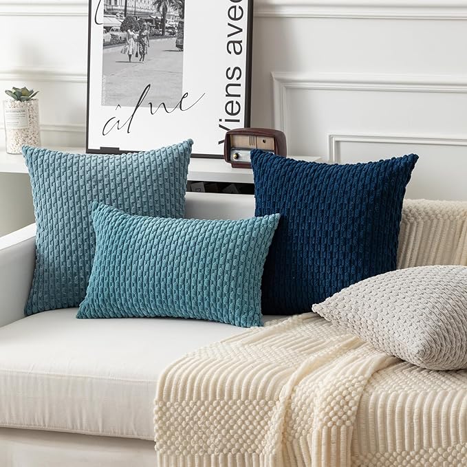 Kevin Textile Throw Pillow Covers Soft Corduroy Decorative Set of 2 Boho Striped Pillow Covers Pillowcases Farmhouse Home Decor for Couch Bed Sofa Living Room 20x20 Inch Blue Grey