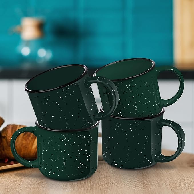 DISCOUNT PROMOS Ceramic Campfire Coffee Mugs 13 oz. Set of 10, Bulk Pack - Perfect for Tea, Espresso, Cappuccino, Hot Cocoa - Green
