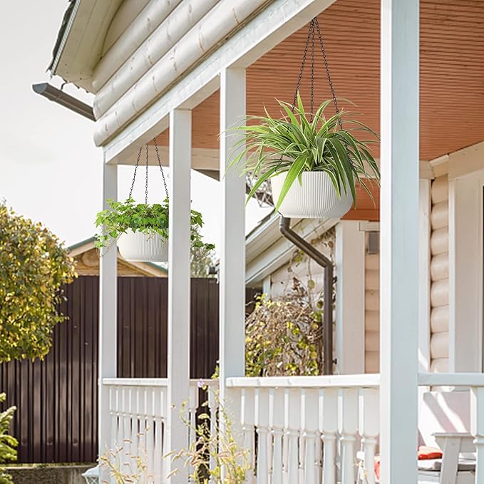 T4U 10 Inch Hanging Planters for Indoor Plants, 2 Pack White Self Watering Hanging Plant Pot, Hanging Pots Set with Drainage Hole & Plug & Chain with 3 Hooks for Garden Home Decor