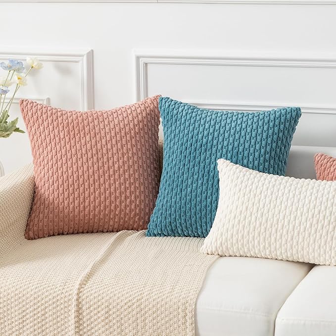 Kevin Textile Throw Pillow Covers Soft Corduroy Decorative Set of 2 Boho Striped Pillow Covers Pillowcases Farmhouse Home Decor for Couch Bed Sofa Living Room 22x22 Inch Light Blue