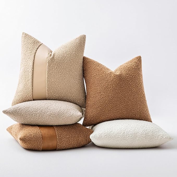 24"x24" Tobacco Boucle Pillow Covers with Faux Leather Accents Set of 2 Fluffy Textured Decorative Throw Pillow Cases for Couch Bed Boho Farmhouse Square Cushion Covers for Home Décor