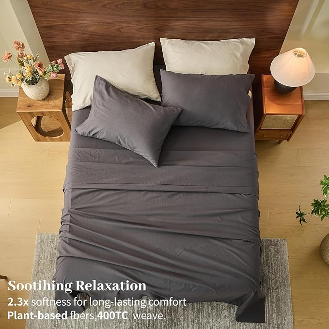 MEISHANG 100% French Pure Linen Sheets Queen Size - Extra Deep Pocket Sheet Set, Soft Durable Flax Linen, Anti-Tear Breathable & Oeko-Tex Certified 18-24 Deep Pocket,All Season(Dark Grey)